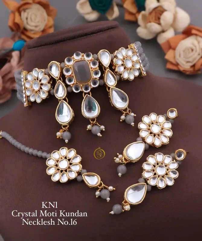 KN 12 designer Kundan Crystal Moti Necklace Set Wholesale Price In Surat
